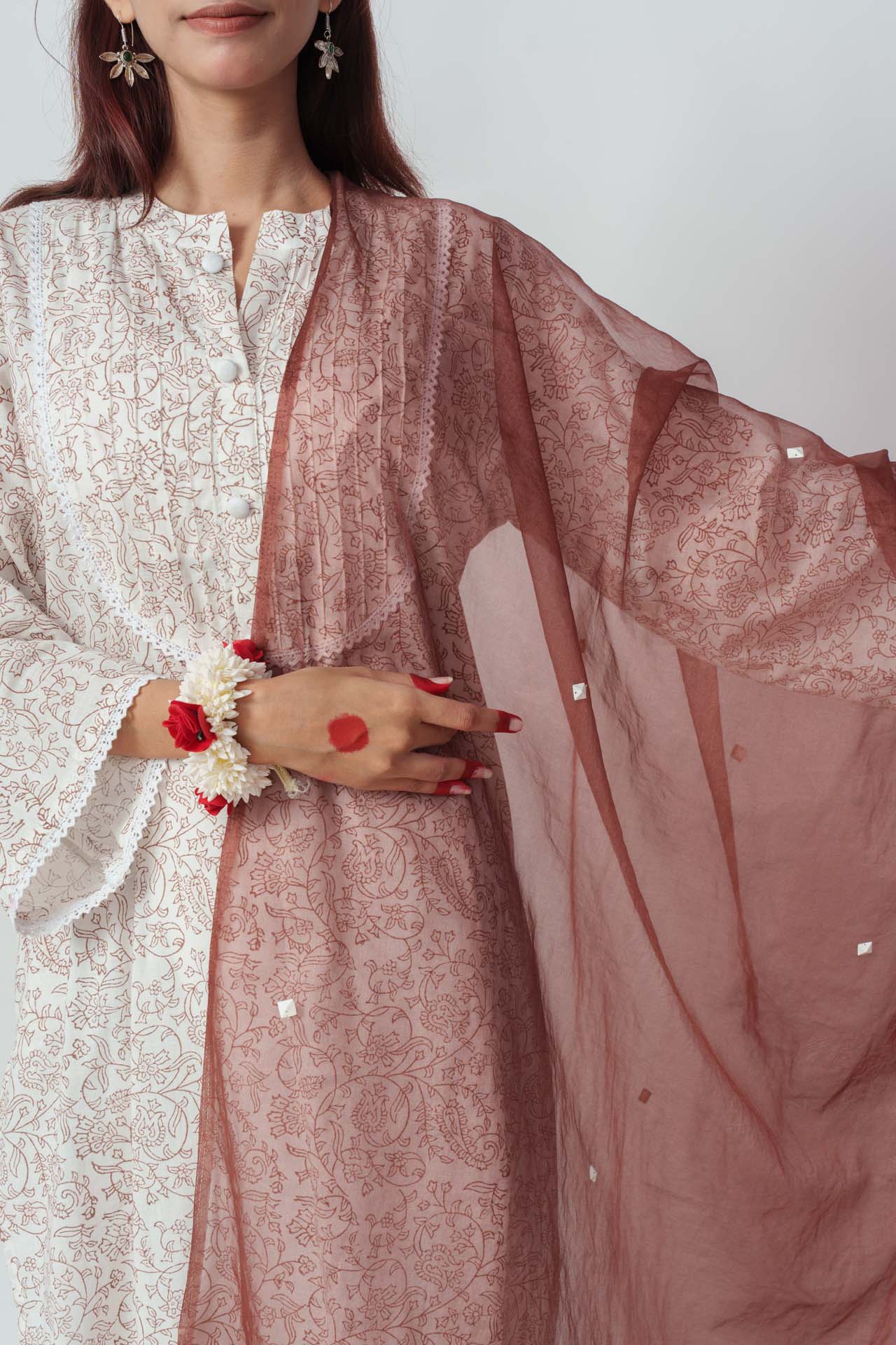 Wome's Brown Cotton Block Print And Sequins Details Kurta Set