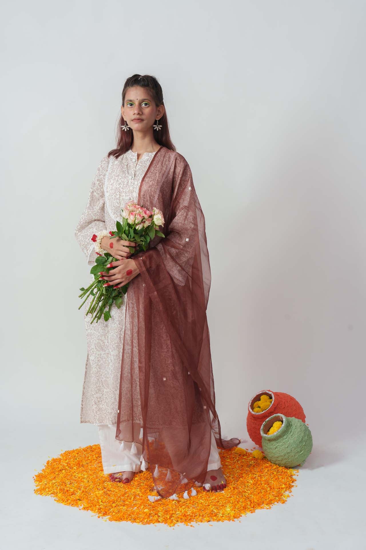 Wome's Brown Cotton Block Print And Sequins Details Kurta Set