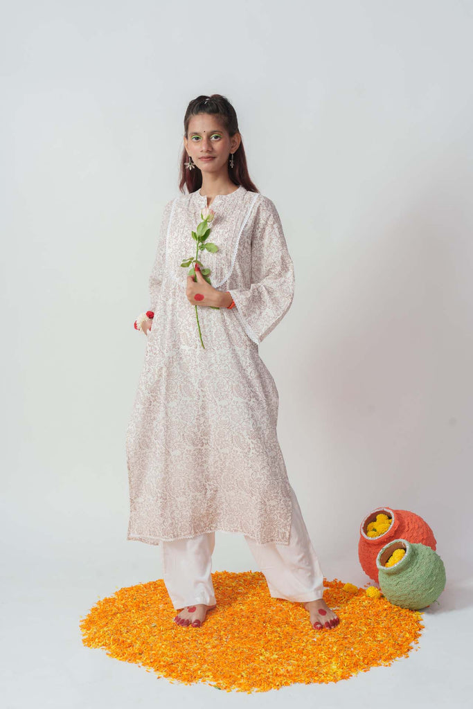 Wome's Brown Cotton Block Print And Sequins Details Kurta Set