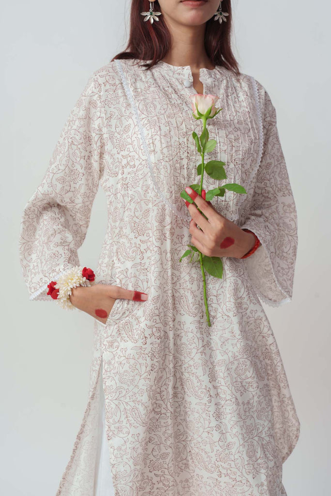 Wome's Brown Cotton Block Print And Sequins Details Kurta Set