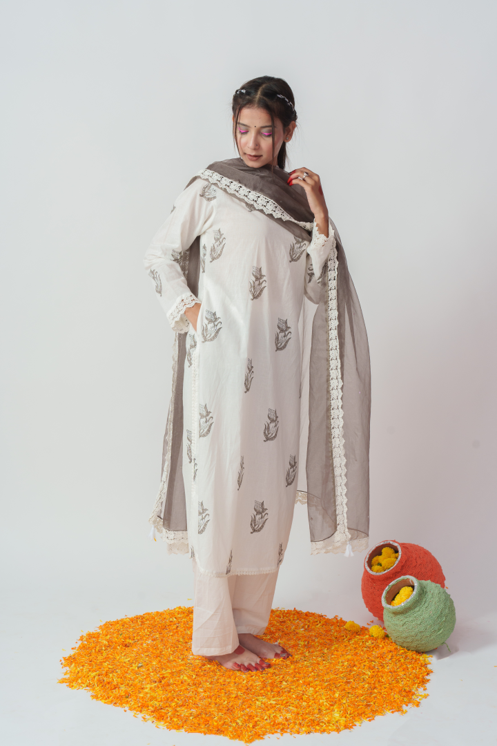 Women's Grey Pure Cotton  Block Print And Sequins Details Kurta Sets - Aruma India