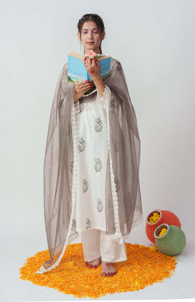 Wome's Grey Cotton Block Print And Sequins Details Kurta Set