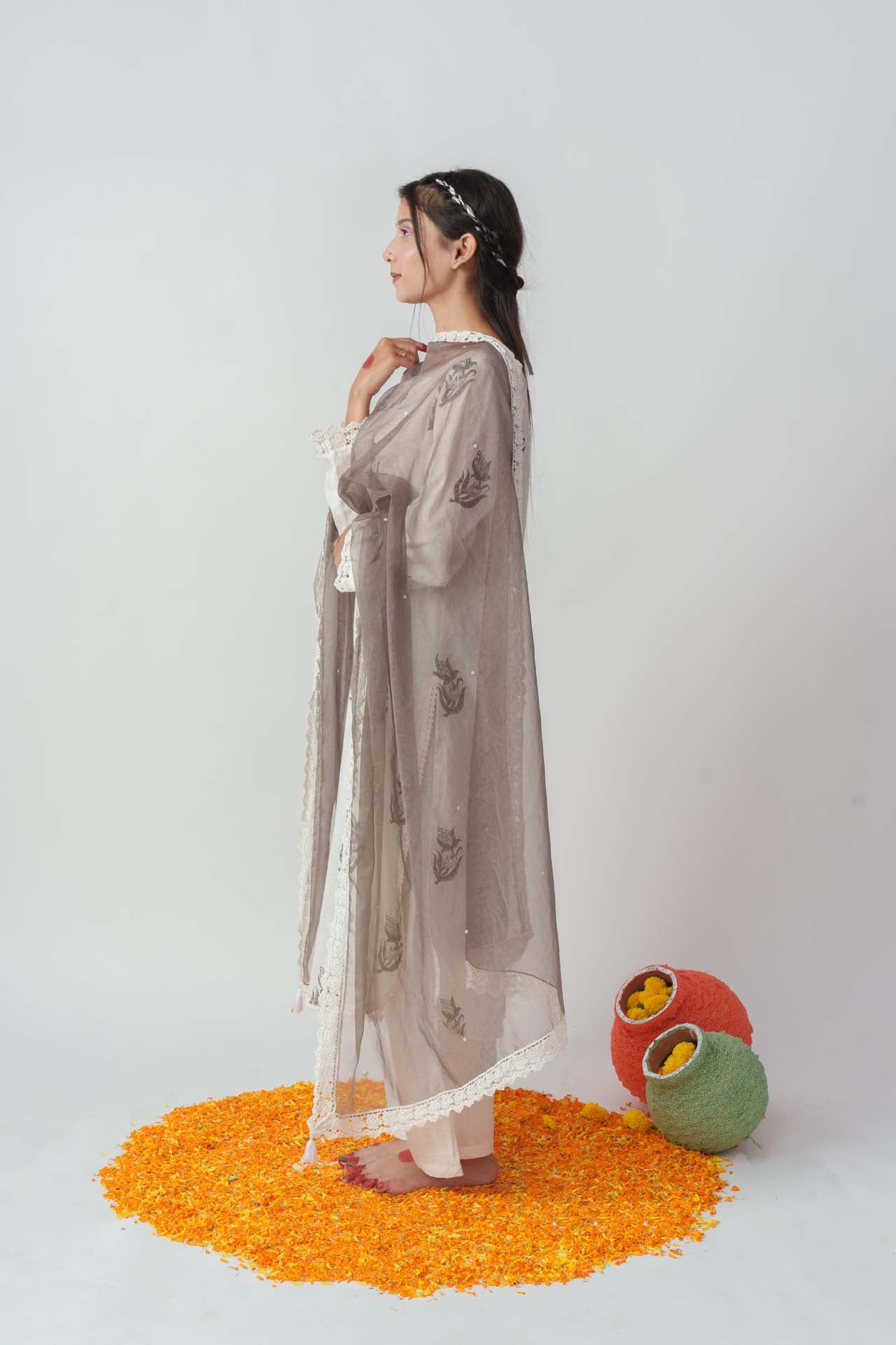 Wome's Grey Cotton Block Print And Sequins Details Kurta Set