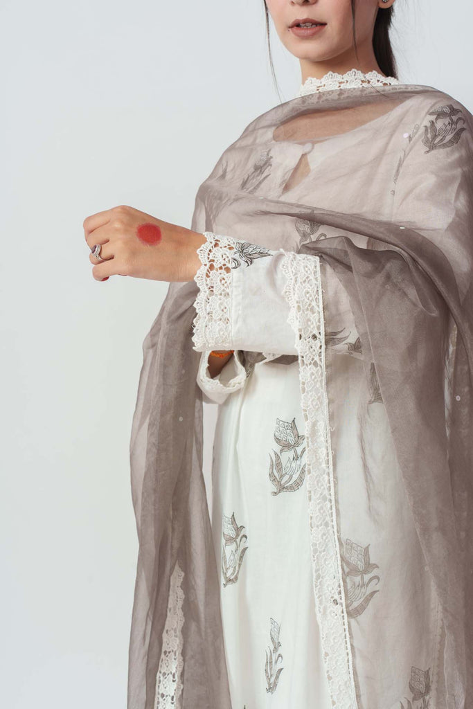 Wome's Grey Cotton Block Print And Sequins Details Kurta Set