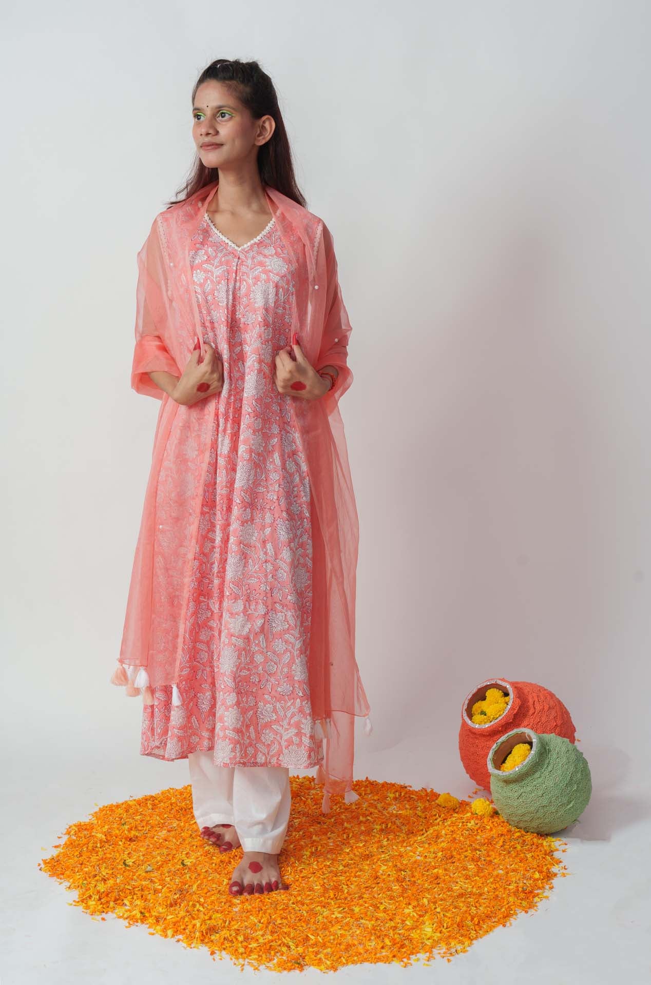Wome's Peach Cotton Block Print And Sequins Details Kurta Set