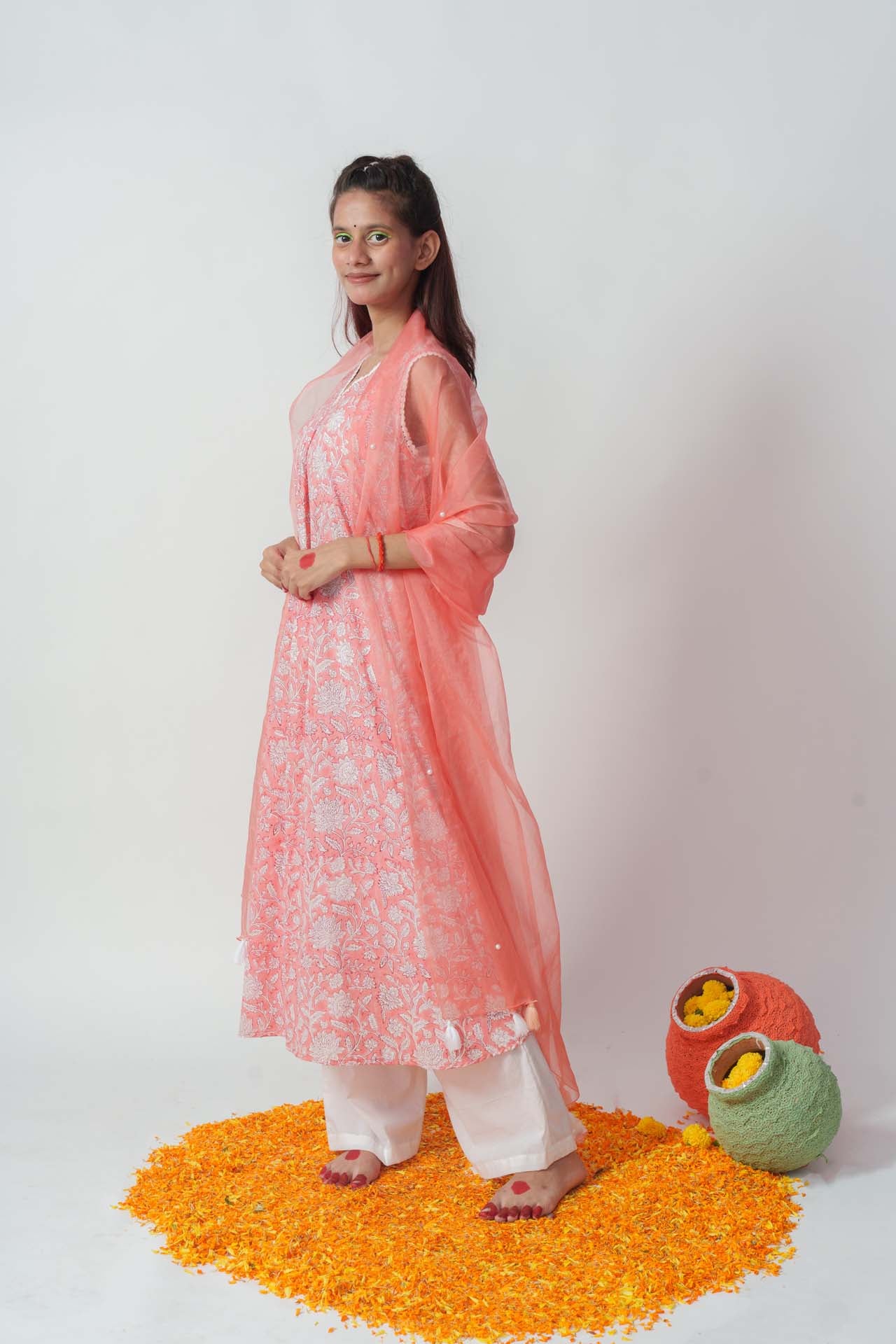 Wome's Peach Cotton Block Print And Sequins Details Kurta Set