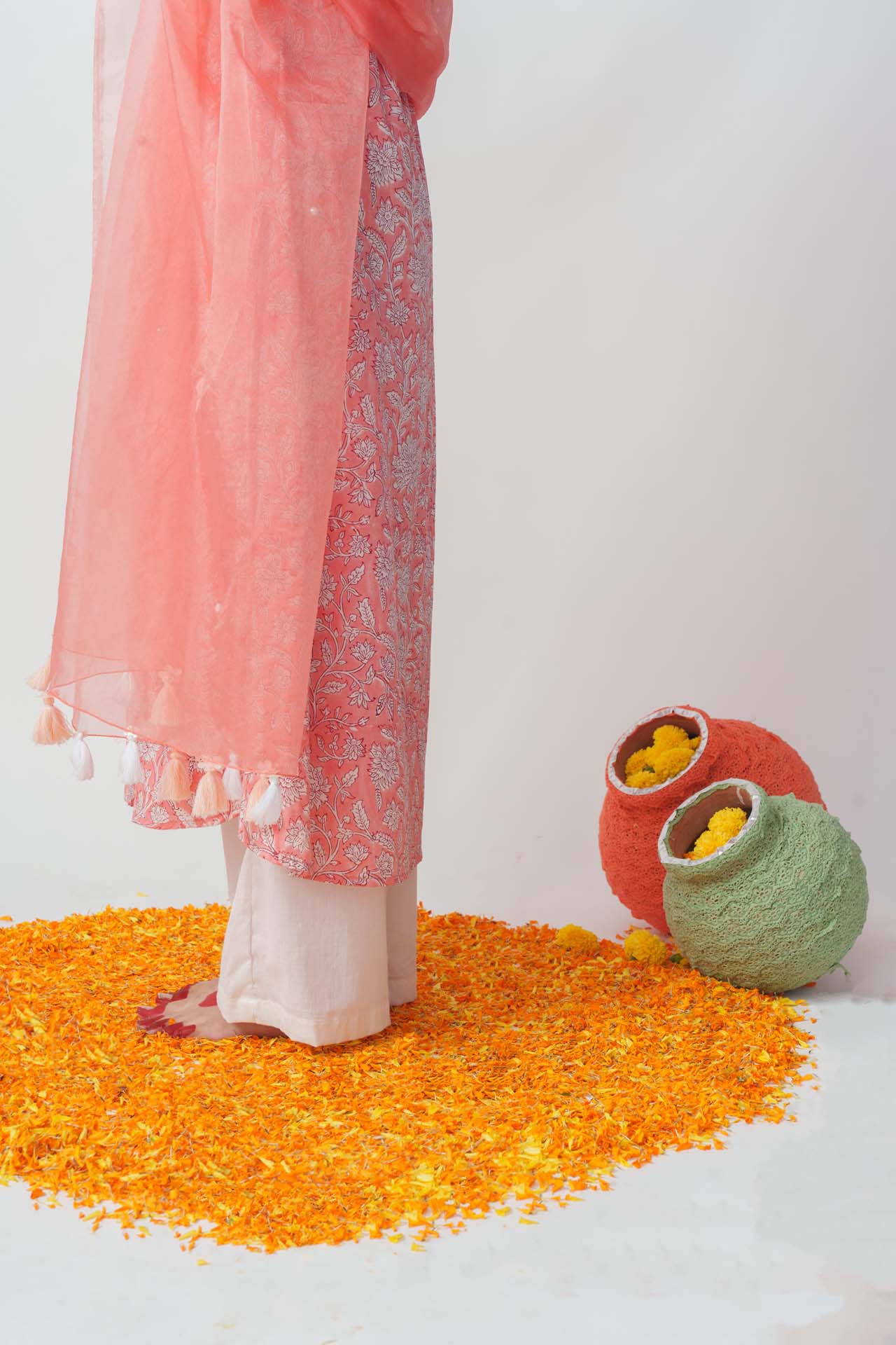 Wome's Peach Cotton Block Print And Sequins Details Kurta Set