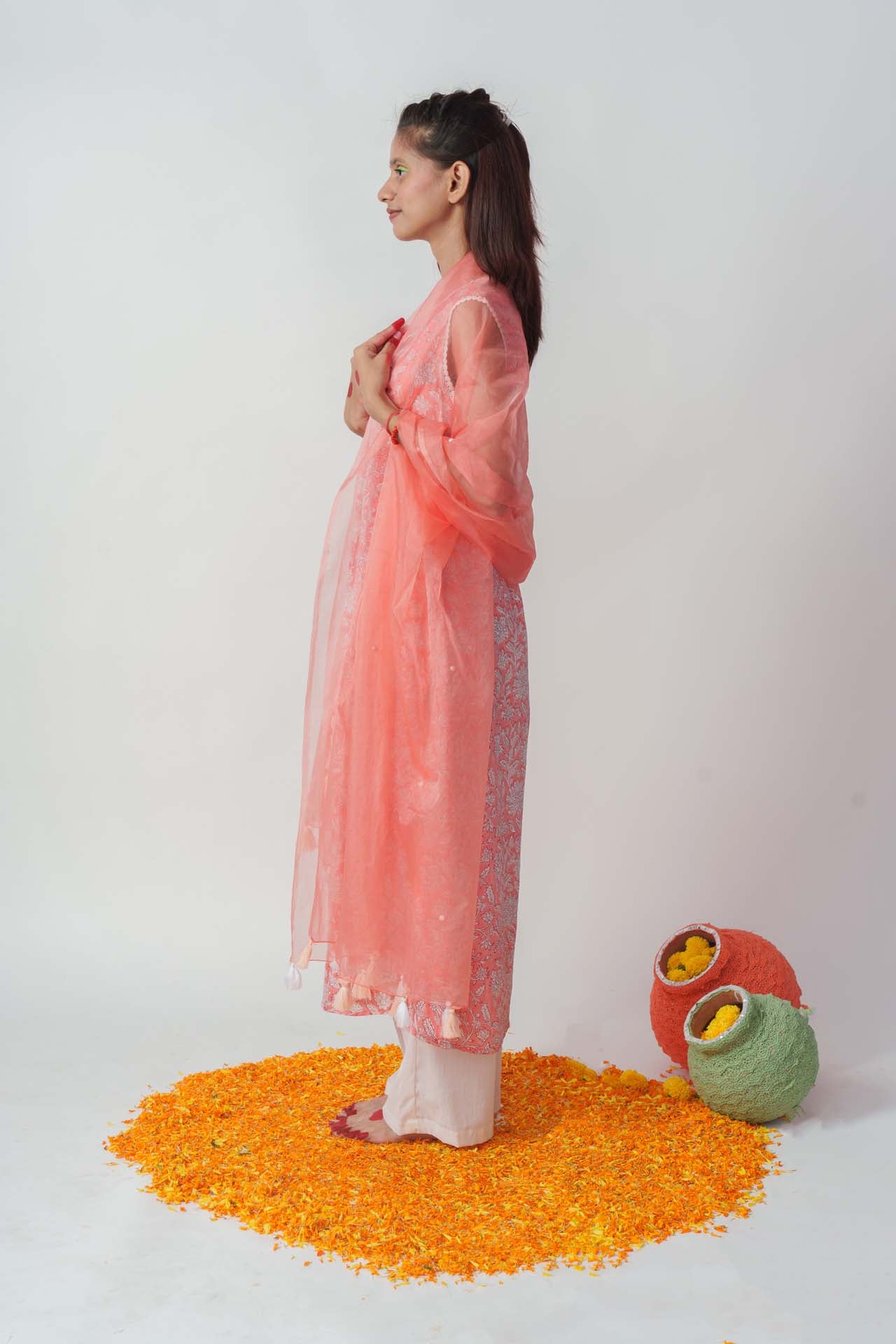 Wome's Peach Cotton Block Print And Sequins Details Kurta Set