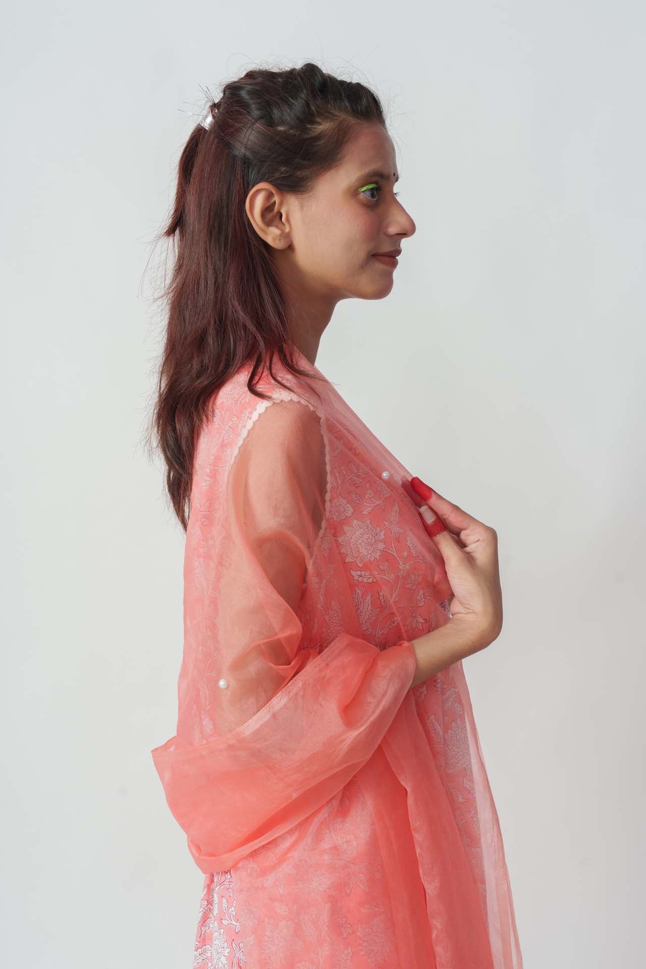 Wome's Peach Cotton Block Print And Sequins Details Kurta Set