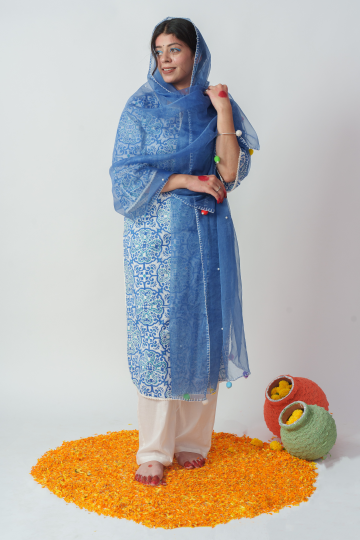 Women's Light Blue Pure Cotton  Block Print And Sequins Details Kurta Sets - Aruma India