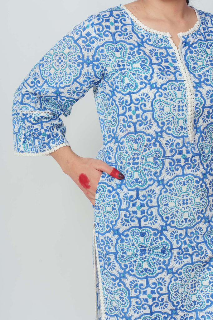 Wome's Light Blue Cotton Block Print And Sequins Details Kurta Set