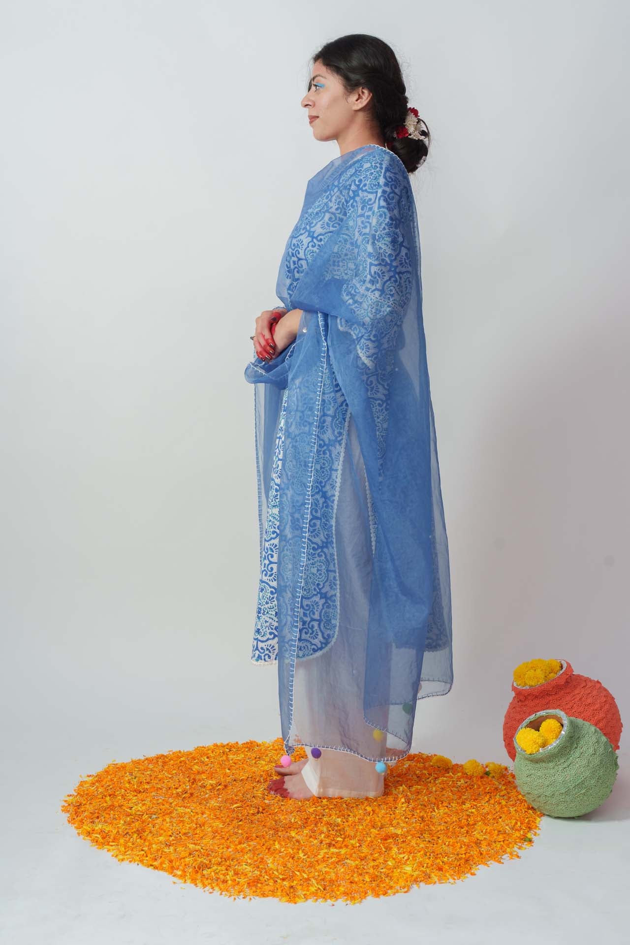 Wome's Light Blue Cotton Block Print And Sequins Details Kurta Set