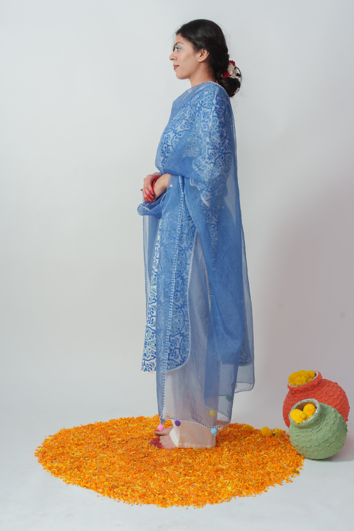 Women's Light Blue Pure Cotton  Block Print And Sequins Details Kurta Sets - Aruma India