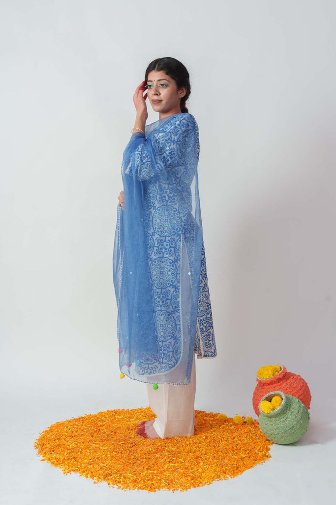 Wome's Light Blue Cotton Block Print And Sequins Details Kurta Set
