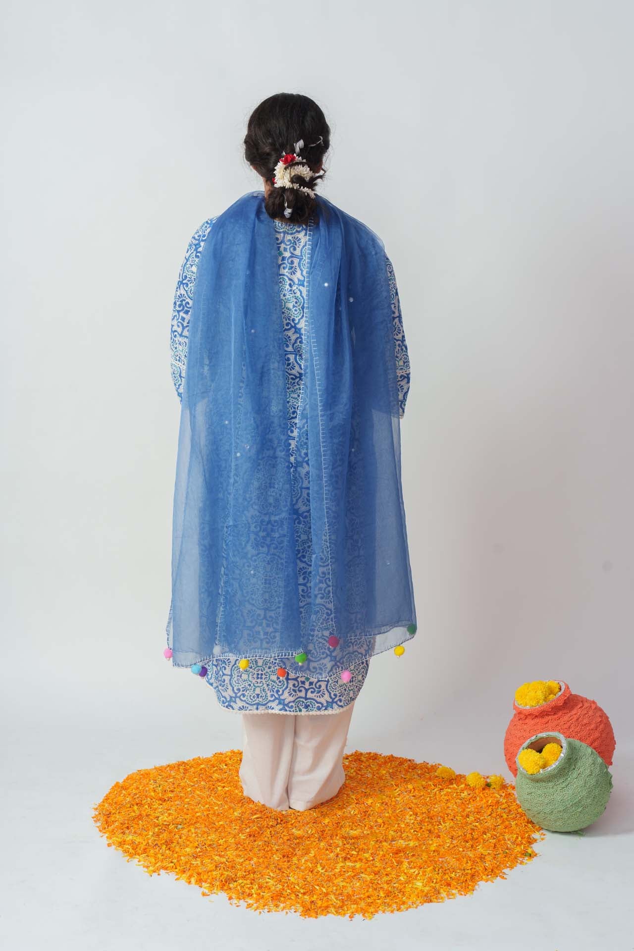 Wome's Light Blue Cotton Block Print And Sequins Details Kurta Set