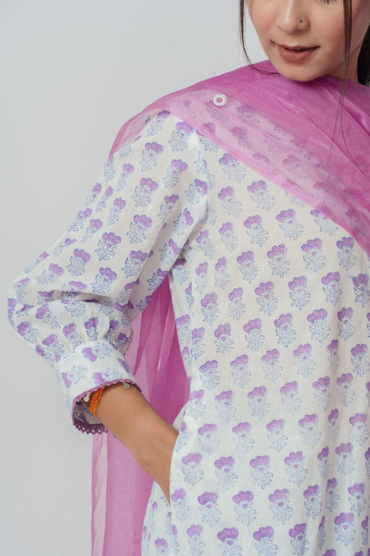 Women's Light Purple Pure Cotton  Block Print And Sequins Details Kurta Sets - Aruma India