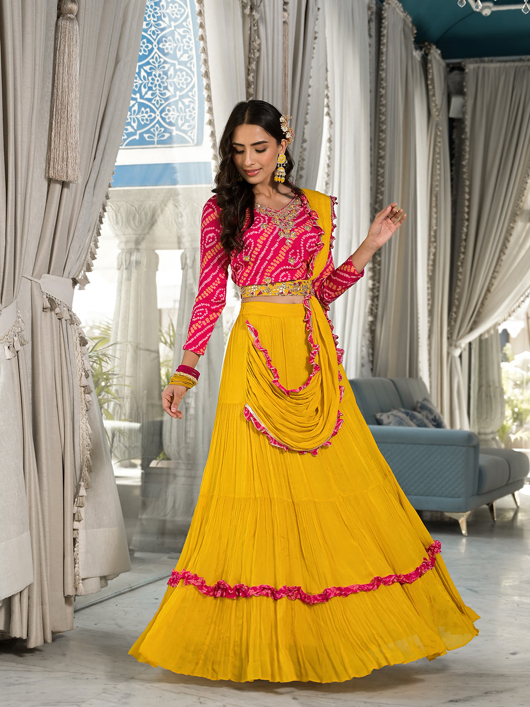 Women's Mustard Yellow Bandhani print with Zardozi & Gota Work Pure Chinon Fabric Lehenga Crop Top with Dupatta - Taantav