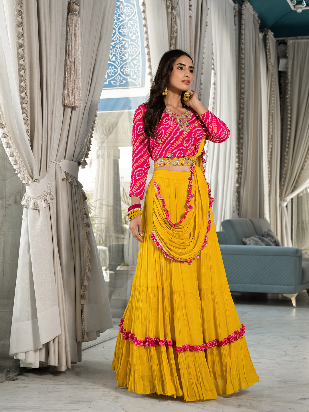 Women's Mustard Yellow Bandhani print with Zardozi & Gota Work Pure Chinon Fabric Lehenga Crop Top with Dupatta - Taantav