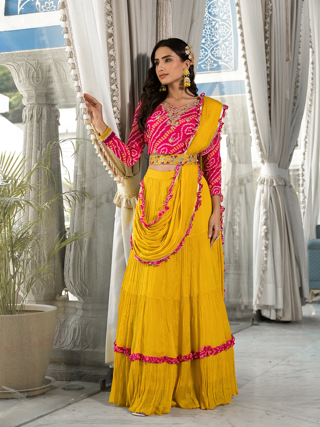 Women's Mustard Yellow Bandhani print with Zardozi & Gota Work Pure Chinon Fabric Lehenga Crop Top with Dupatta - Taantav