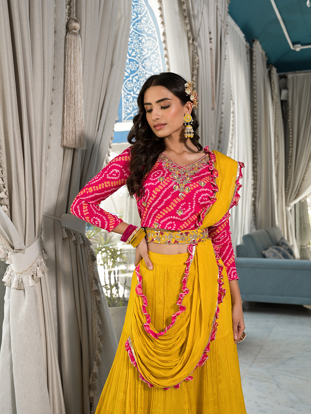 Women's Mustard Yellow Bandhani print with Zardozi & Gota Work Pure Chinon Fabric Lehenga Crop Top with Dupatta - Taantav