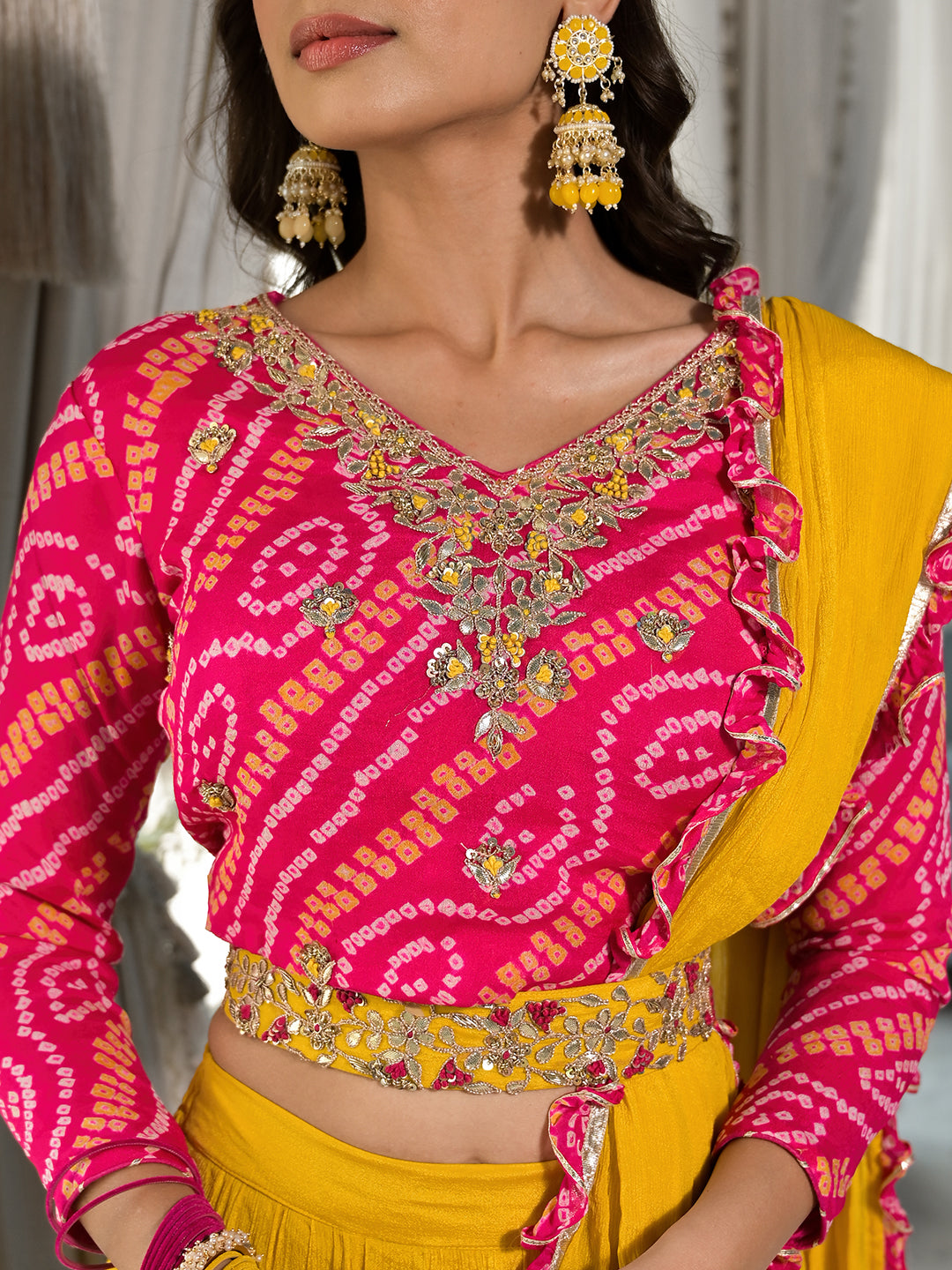 Women's Mustard Yellow Bandhani print with Zardozi & Gota Work Pure Chinon Fabric Lehenga Crop Top with Dupatta - Taantav