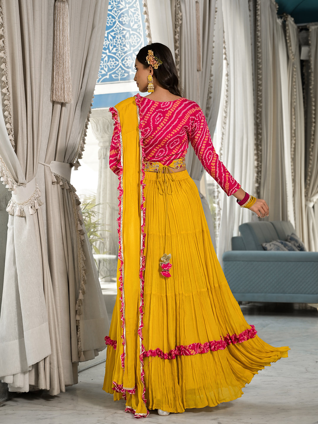 Women's Mustard Yellow Bandhani print with Zardozi & Gota Work Pure Chinon Fabric Lehenga Crop Top with Dupatta - Taantav