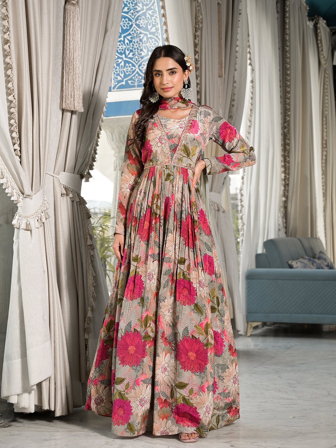 Women's Pink Multi Digital Print Pure Crepe Long Party dress with Dupatta - Taantav