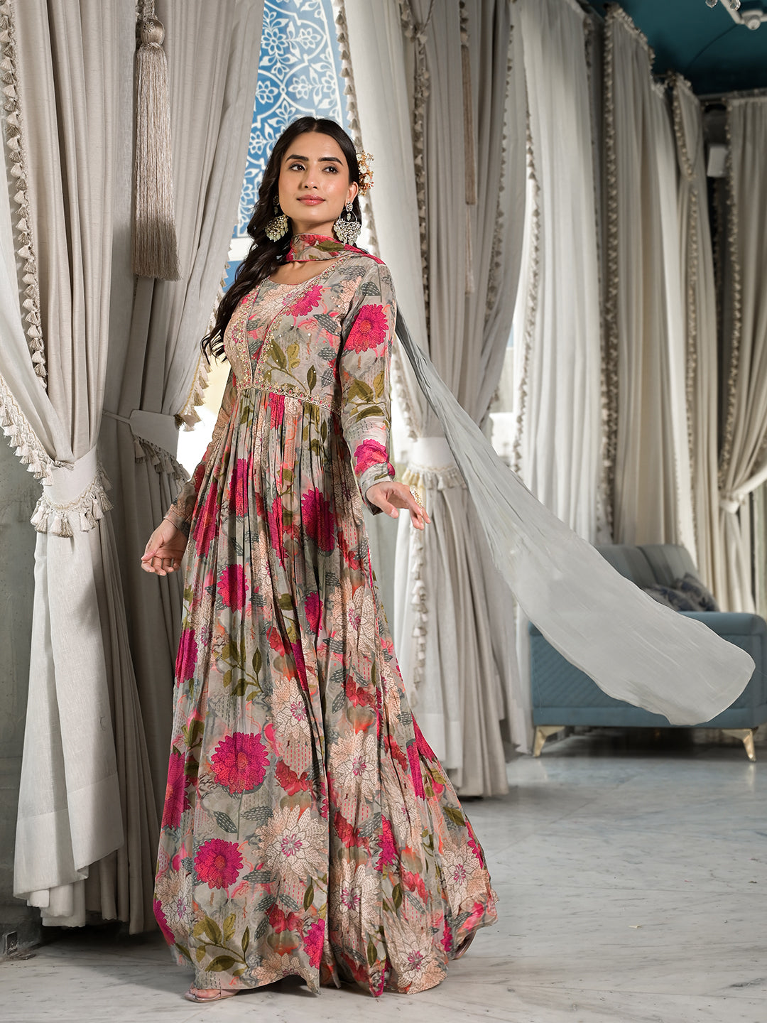 Women's Pink Multi Digital Print Pure Crepe Long Party dress with Dupatta - Taantav