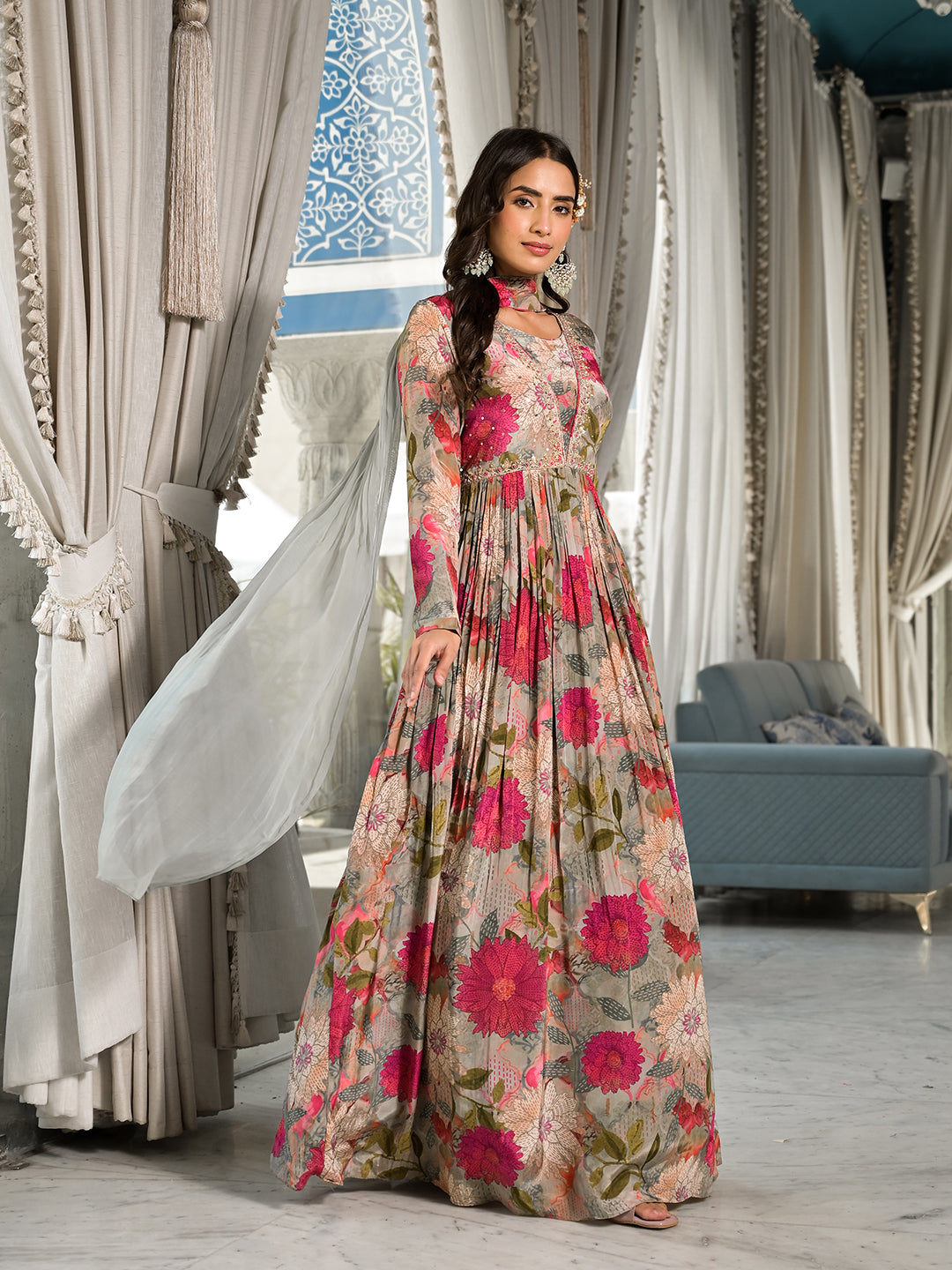 Women's Pink Multi Digital Print Pure Crepe Long Party dress with Dupatta - Taantav