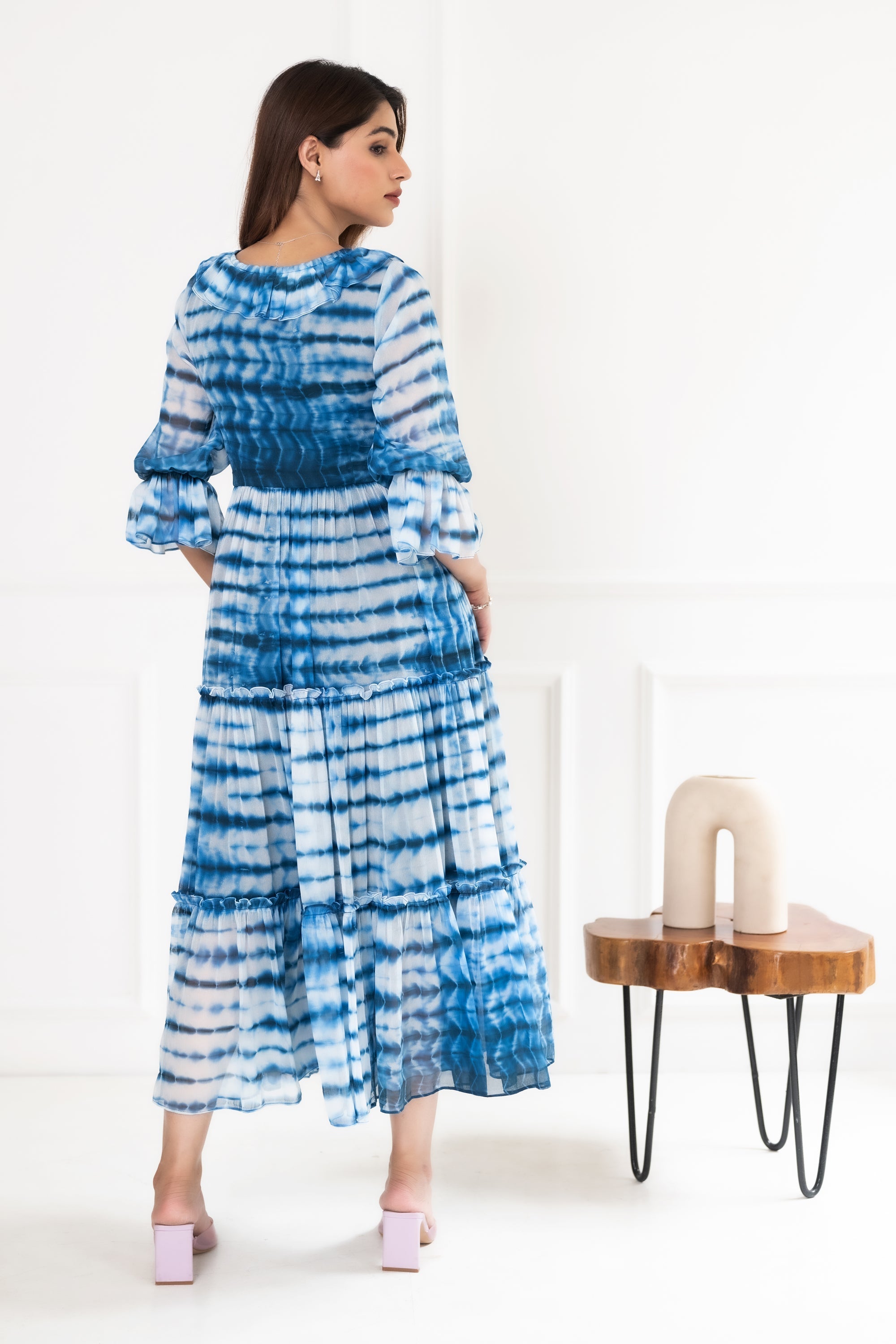 Women's Blue Shibori Chiffon Dress By Saras Th