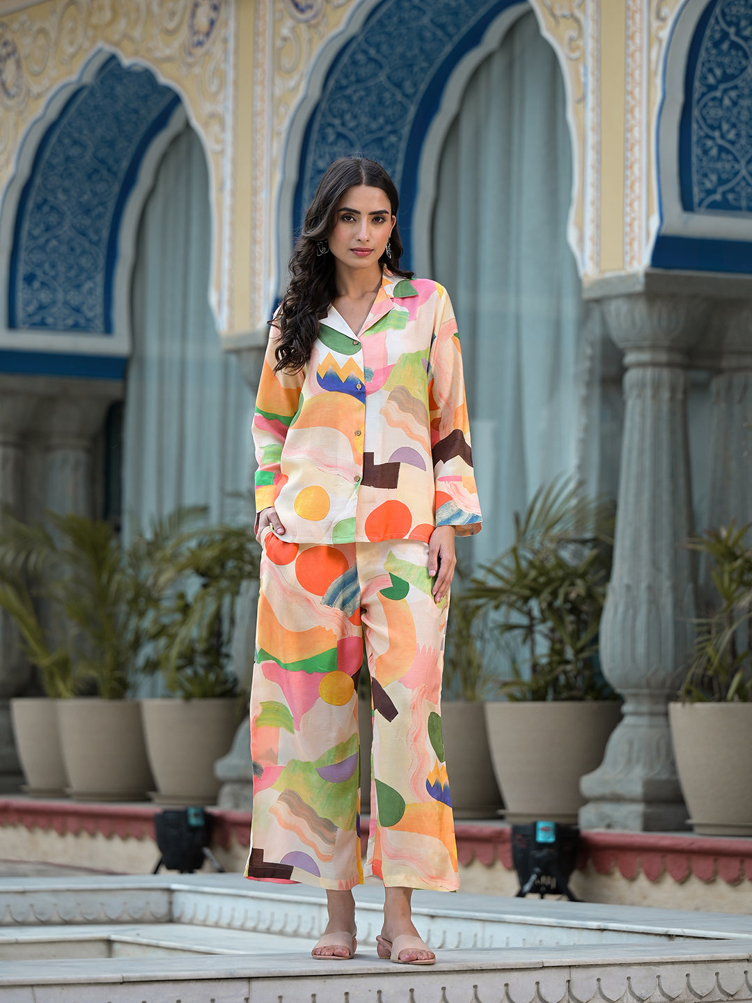 Women's Peach Multi Floral Printed Muslin Co-ord Set - Taantav