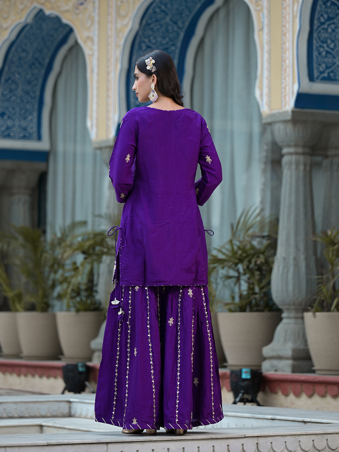 Women's Purple Marodi Hand Work Russian Silk Kurta Sharara Set with Organza Dupatta - Taantav