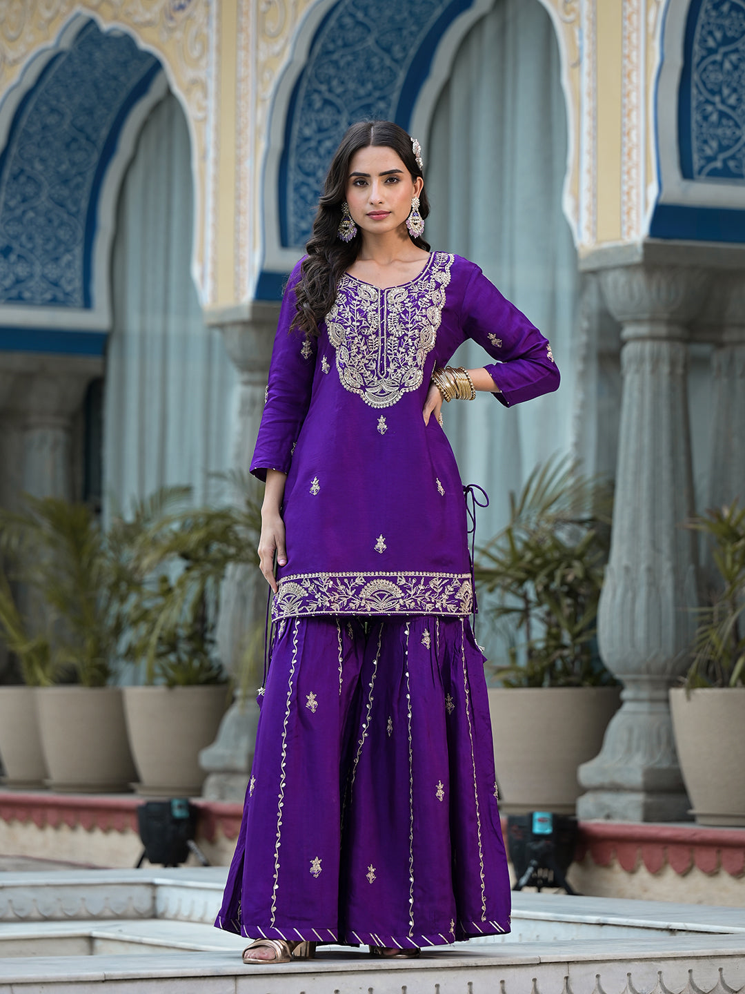 Women's Purple Marodi Hand Work Russian Silk Kurta Sharara Set with Organza Dupatta - Taantav