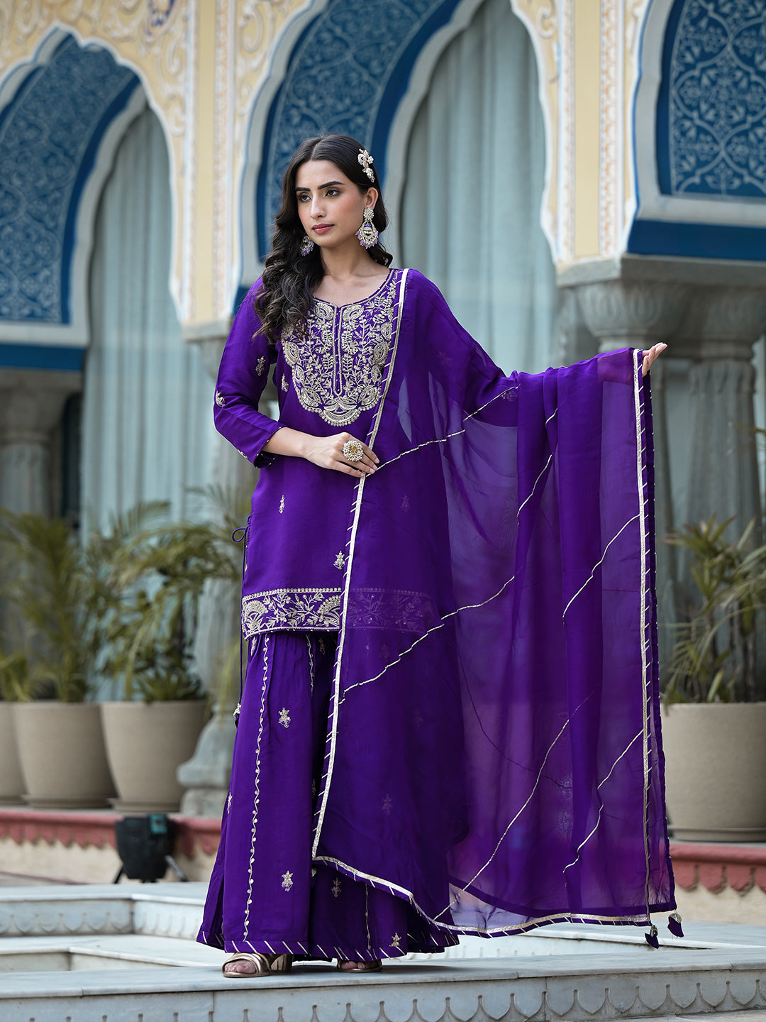 Women's Purple Marodi Hand Work Russian Silk Kurta Sharara Set with Organza Dupatta - Taantav