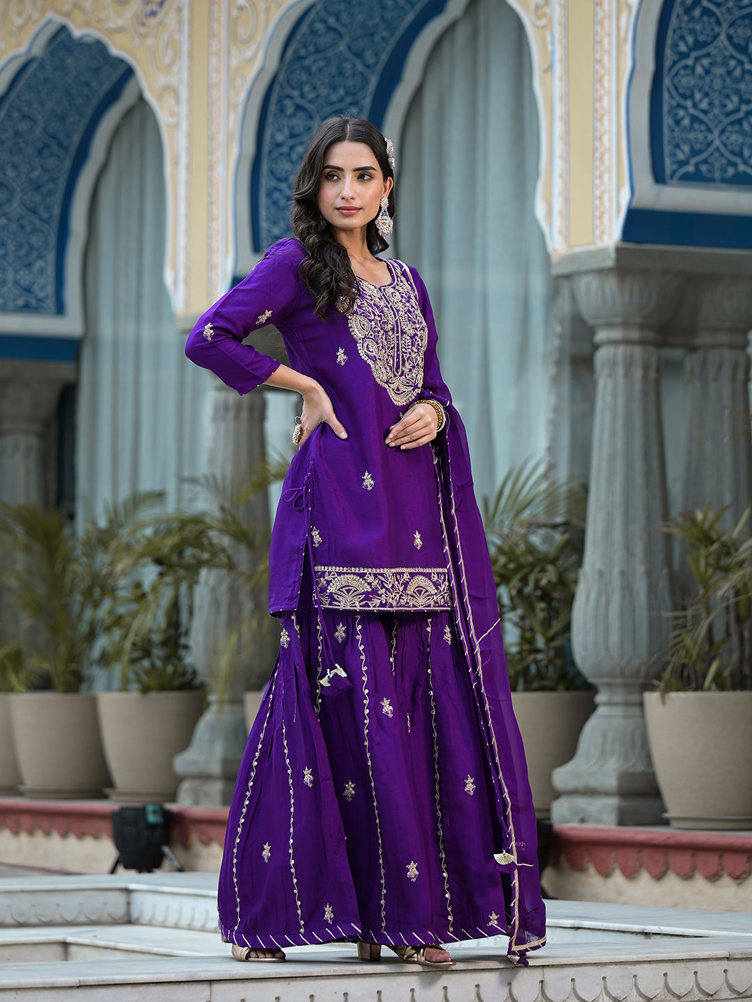 Women's Purple Marodi Hand Work Russian Silk Kurta Sharara Set with Organza Dupatta - Taantav