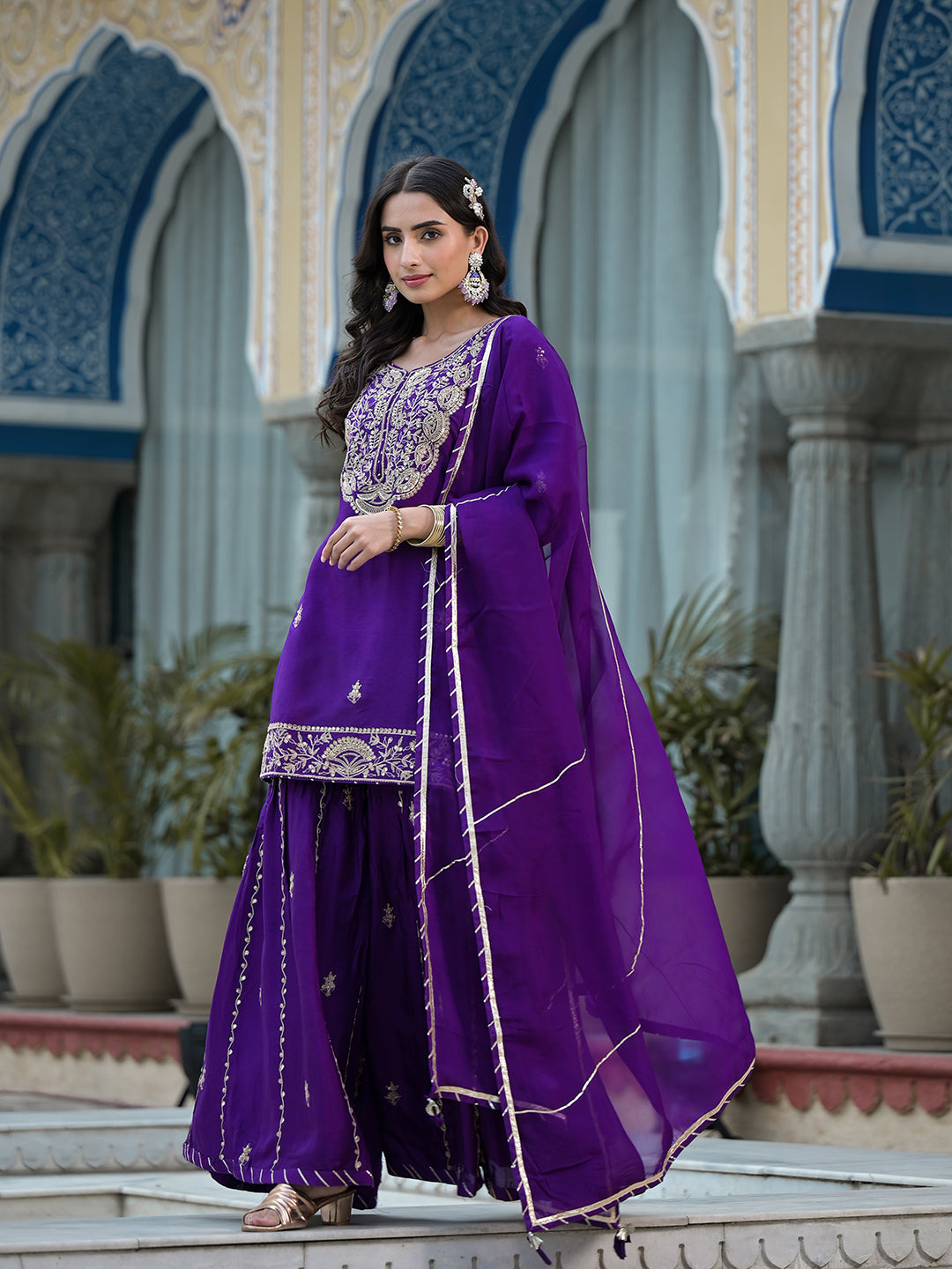 Women's Purple Marodi Hand Work Russian Silk Kurta Sharara Set with Organza Dupatta - Taantav