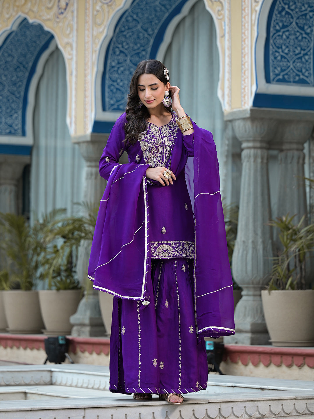 Women's Purple Marodi Hand Work Russian Silk Kurta Sharara Set with Organza Dupatta - Taantav