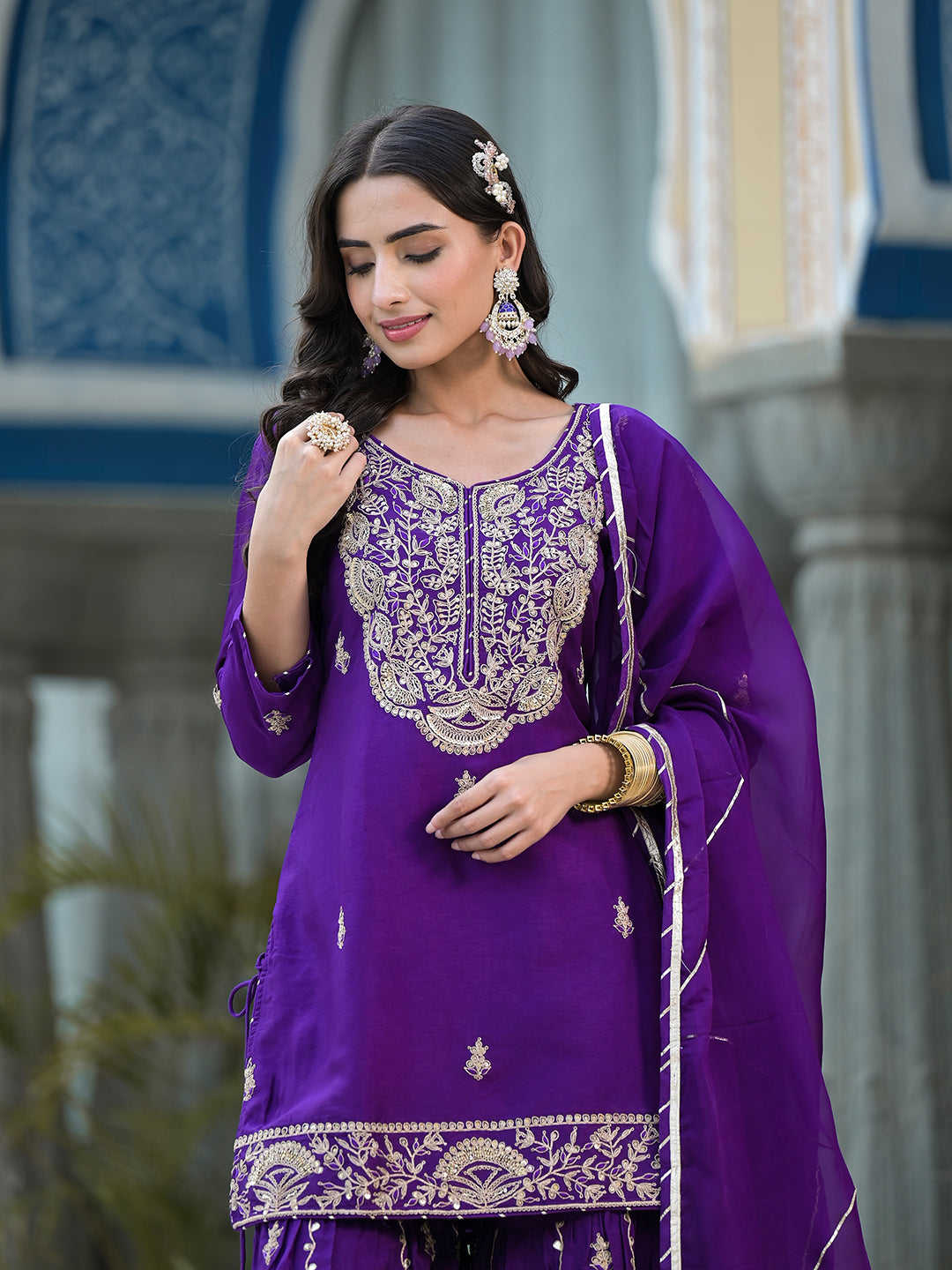 Women's Purple Marodi Hand Work Russian Silk Kurta Sharara Set with Organza Dupatta - Taantav