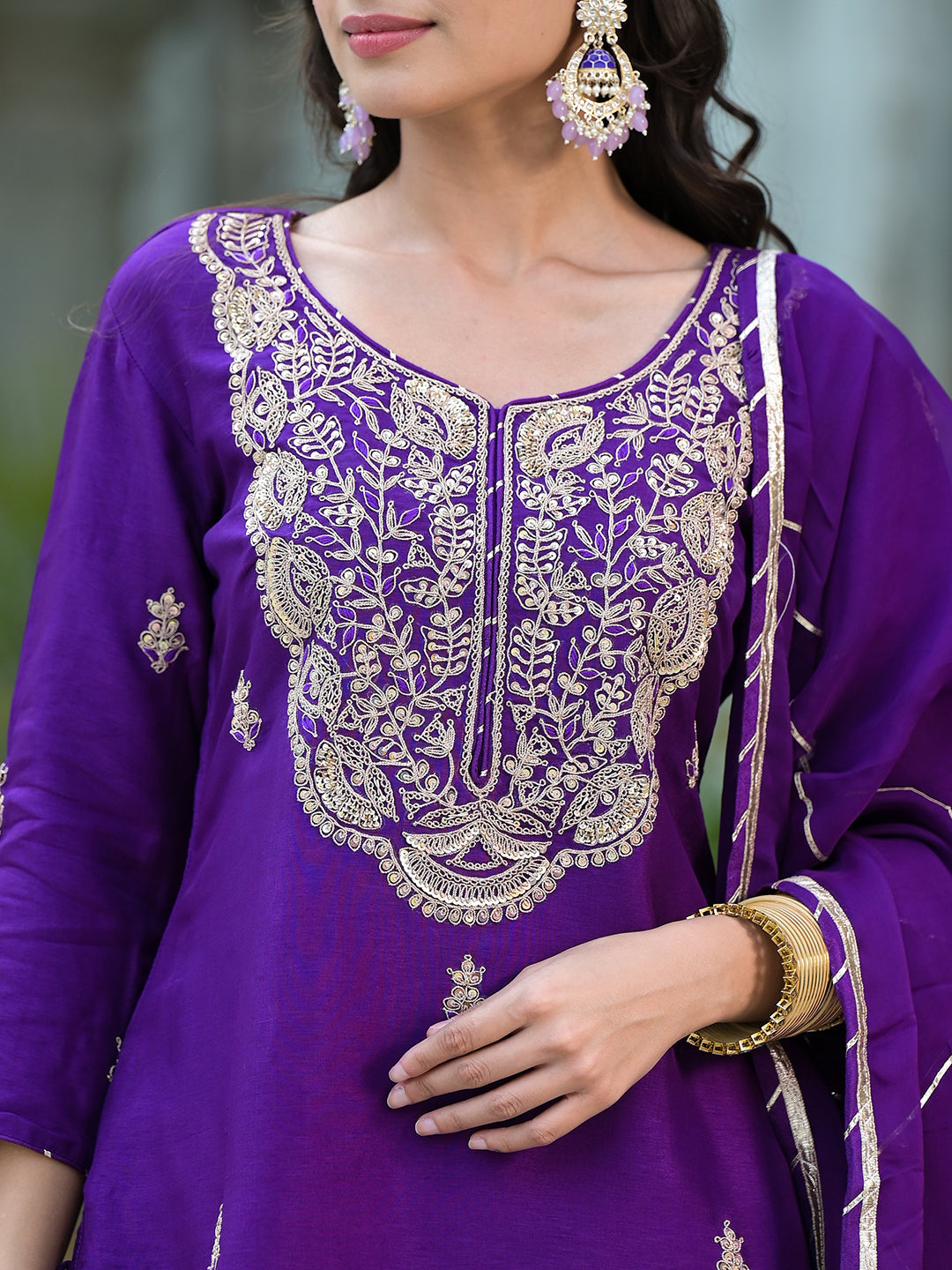 Women's Purple Marodi Hand Work Russian Silk Kurta Sharara Set with Organza Dupatta - Taantav