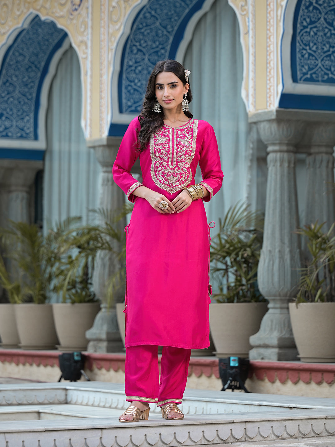 Women's Rani Pink Russian Silk Zardozi Mix Hand work Kurta set with Dupatta - Taantav