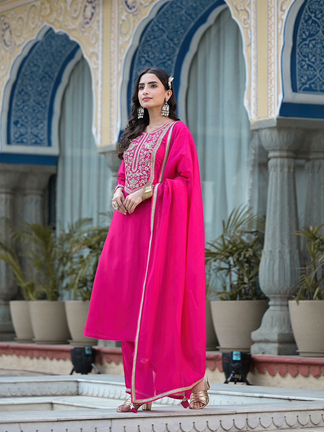 Women's Rani Pink Russian Silk Zardozi Mix Hand work Kurta set with Dupatta - Taantav