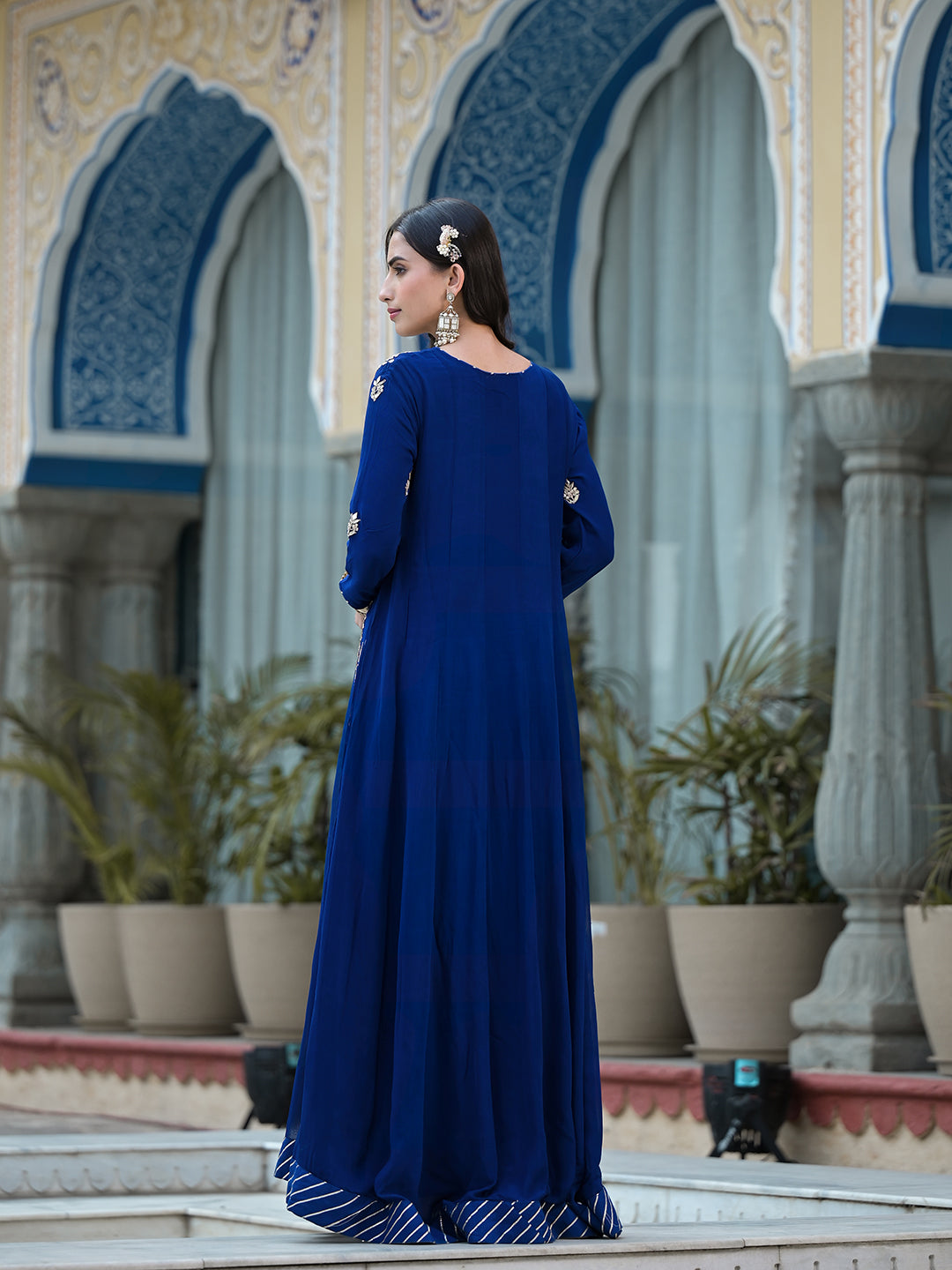 Women's Blue Gota Patti work Georgette Long Kurta with Shantoon Lining with Dupatta - Taantav