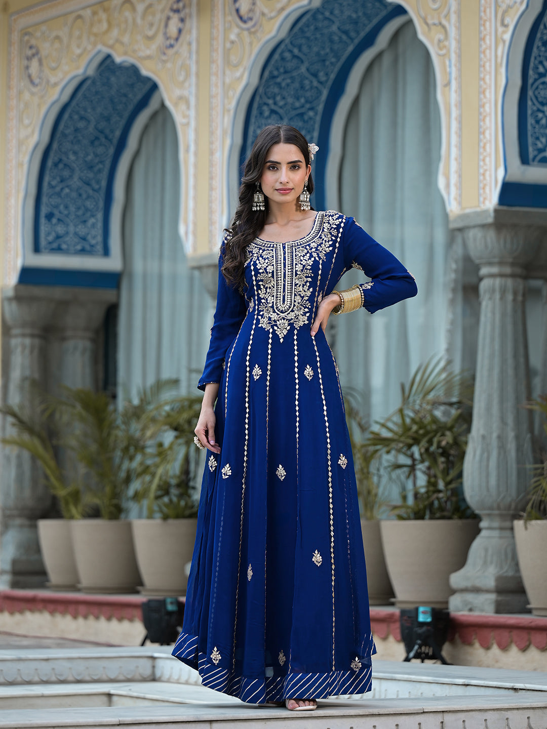 Women's Blue Gota Patti work Georgette Long Kurta with Shantoon Lining with Dupatta - Taantav