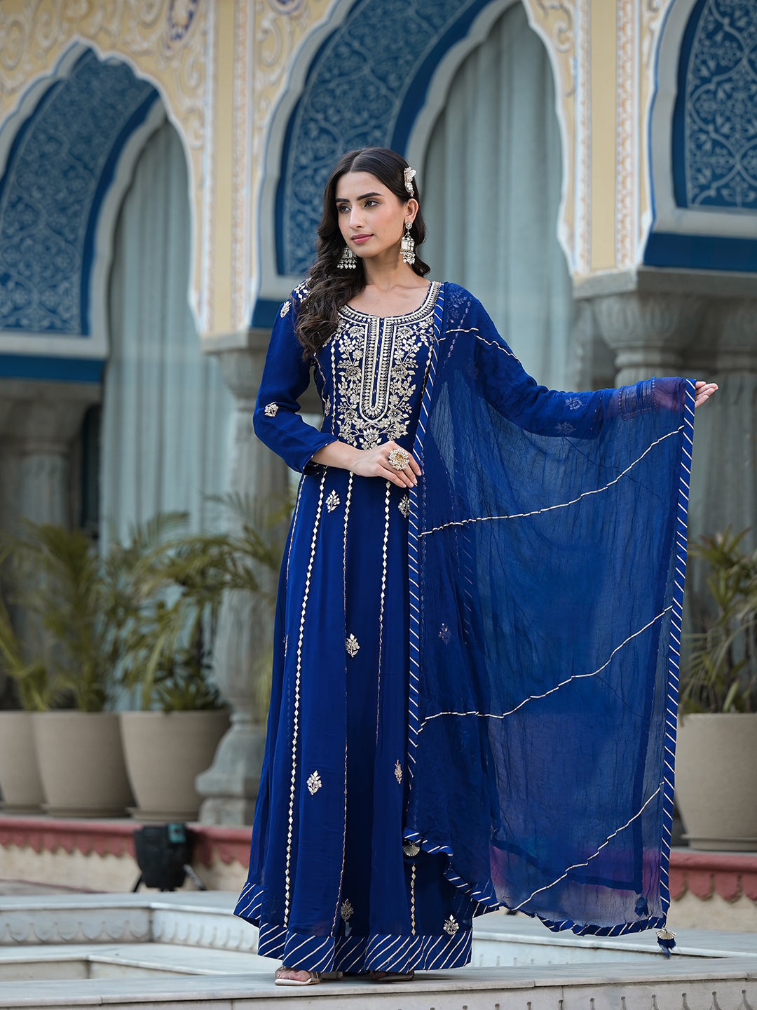 Women's Blue Gota Patti work Georgette Long Kurta with Shantoon Lining with Dupatta - Taantav