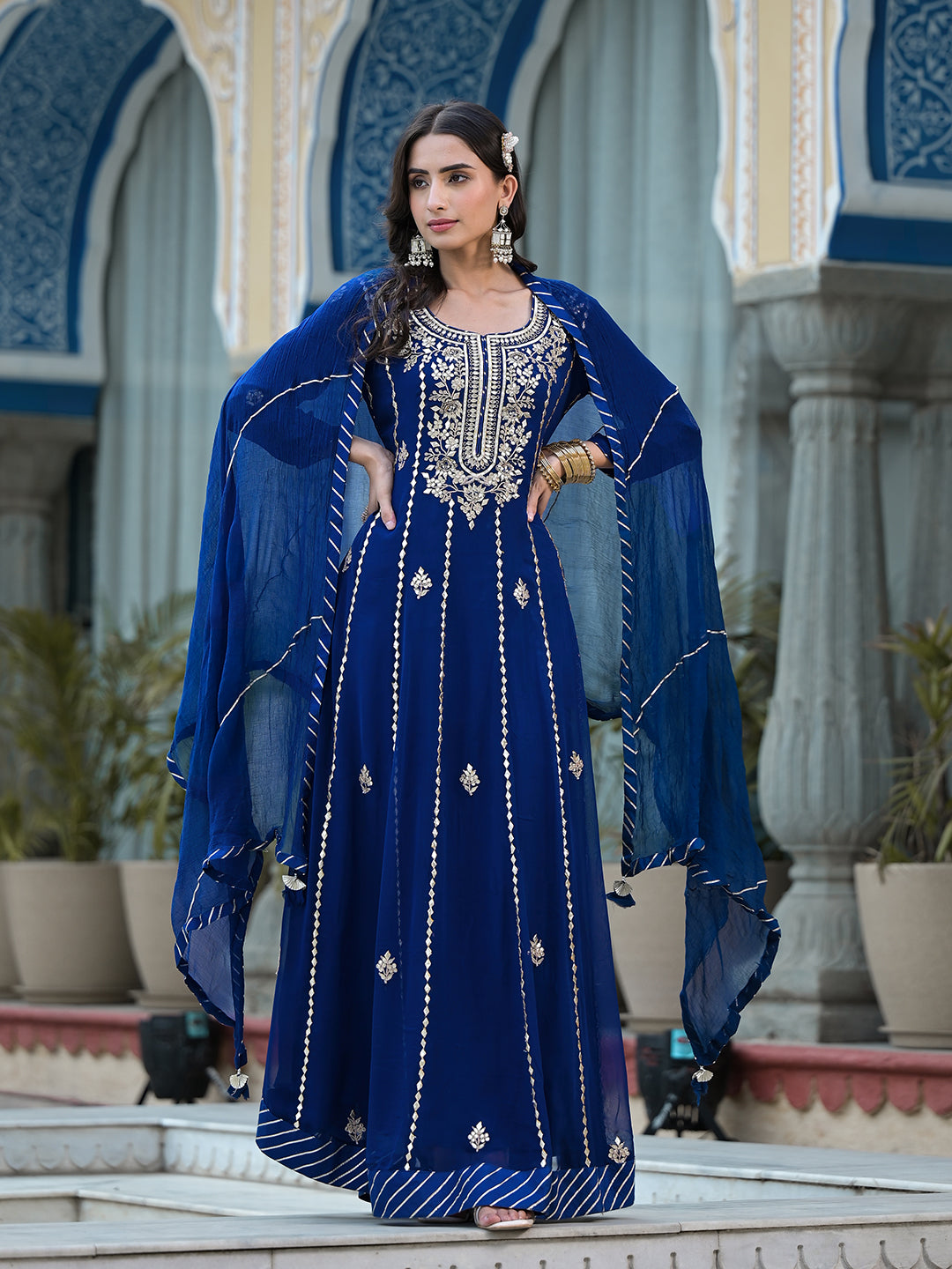 Women's Blue Gota Patti work Georgette Long Kurta with Shantoon Lining with Dupatta - Taantav