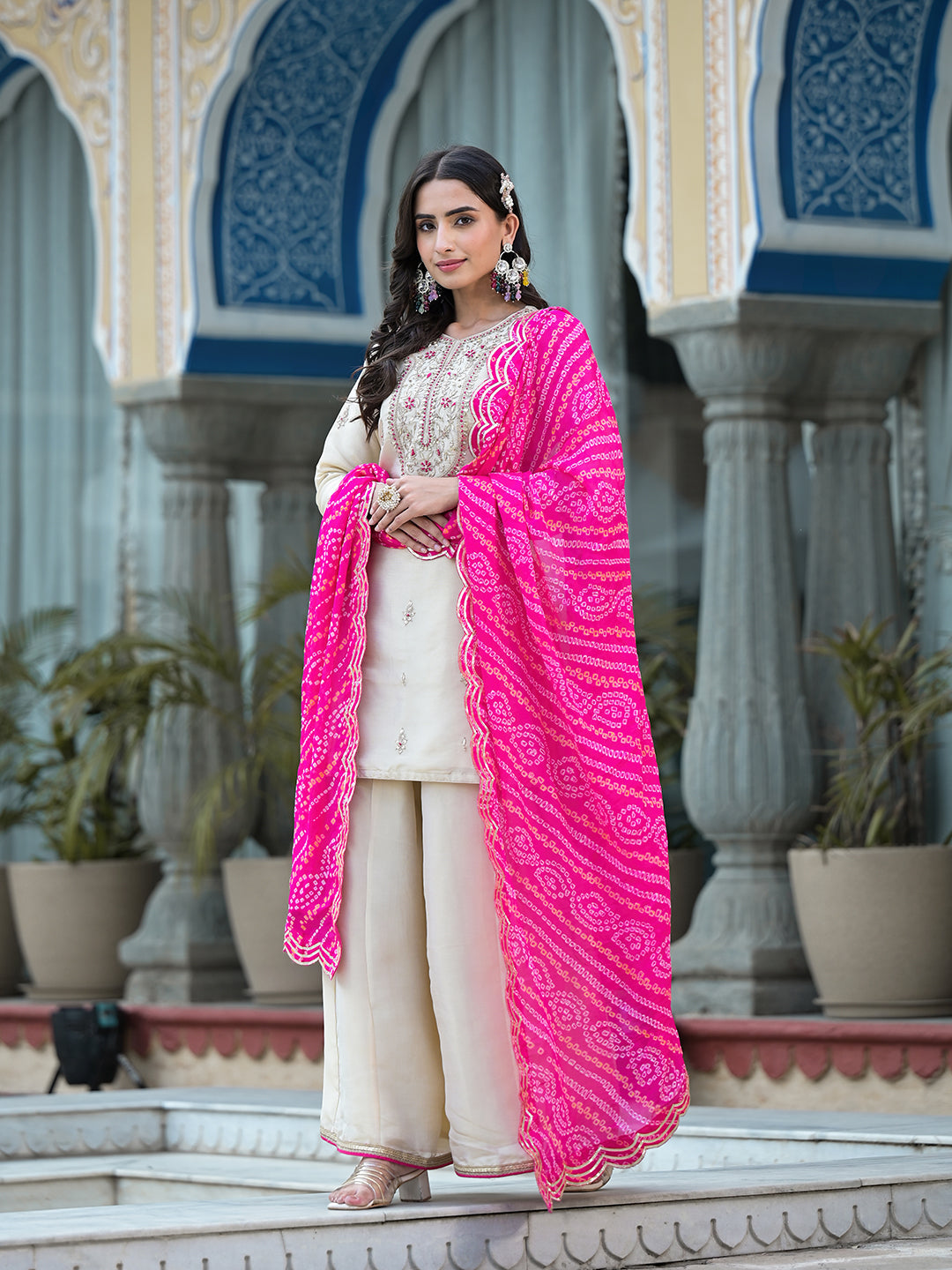 Women's Cream Gota Patti & Zardozi Work Tissue Fabric Kurta Sharara Set with Bandhani Dupatta - Taantav