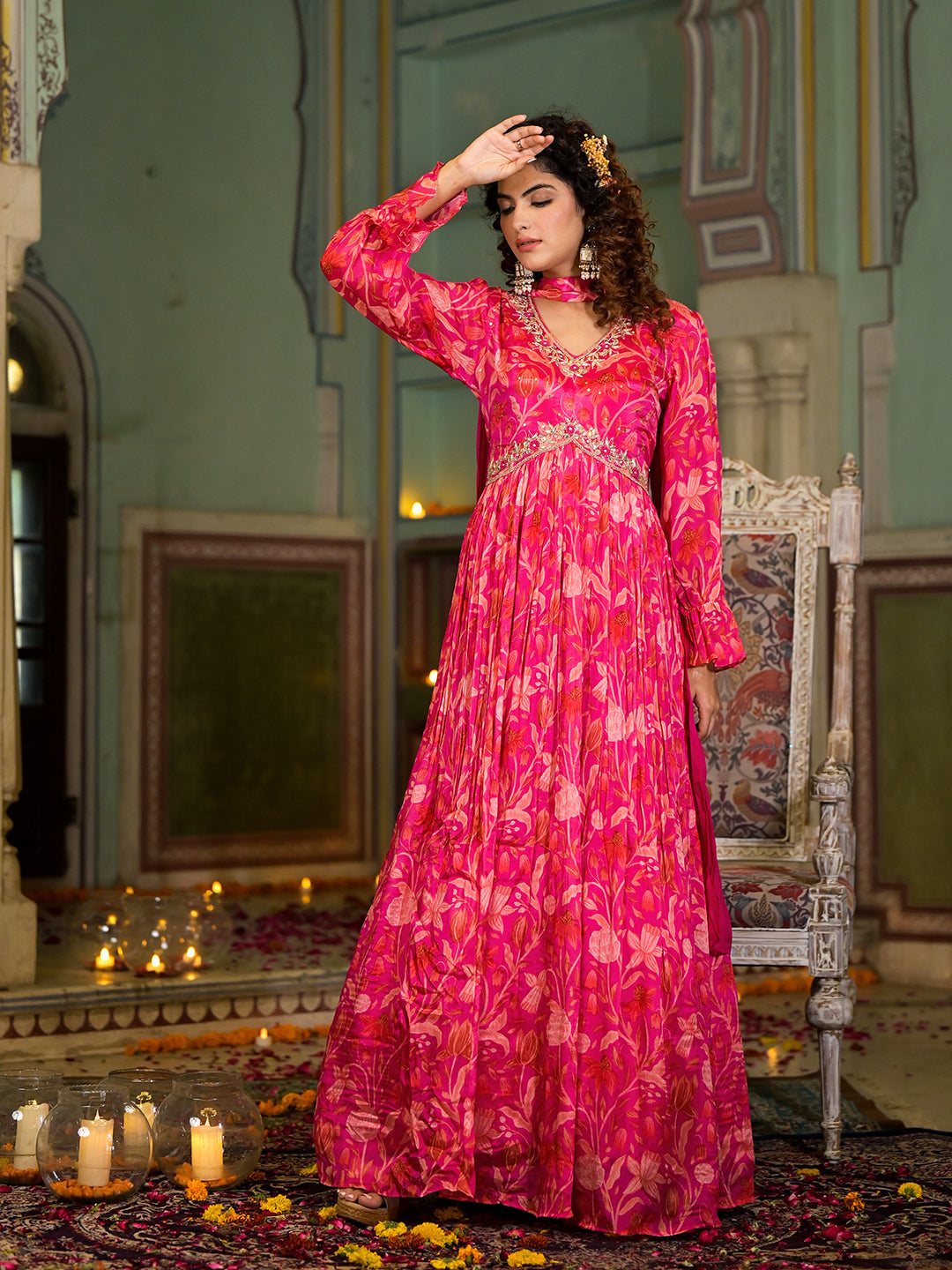 Women's Rani Pink Digital Print Zardozi Work Chinon fabric Long Party Dress with Organza Dupatta - Taantav