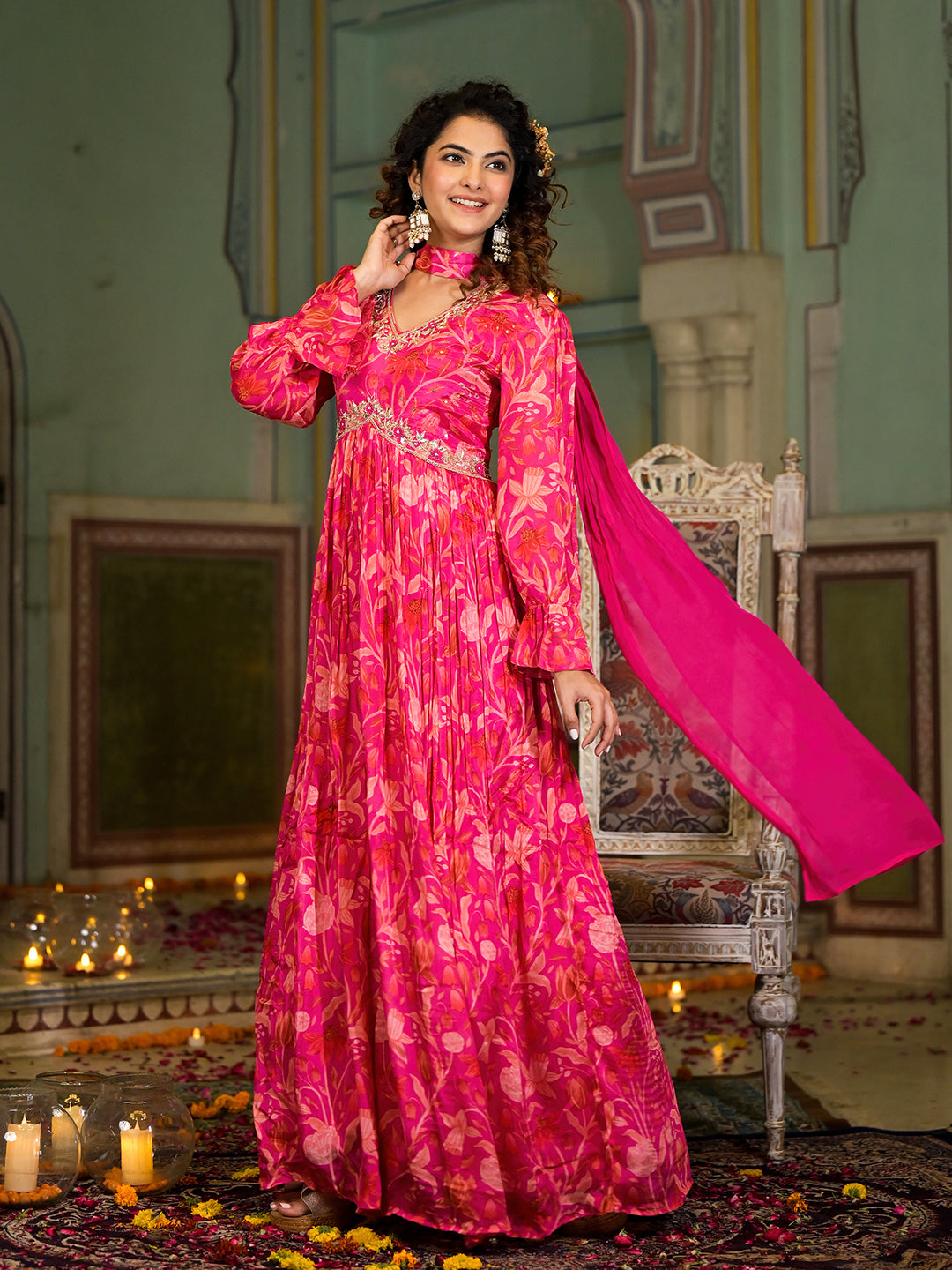 Women's Rani Pink Digital Print Zardozi Work Chinon fabric Long Party Dress with Organza Dupatta - Taantav