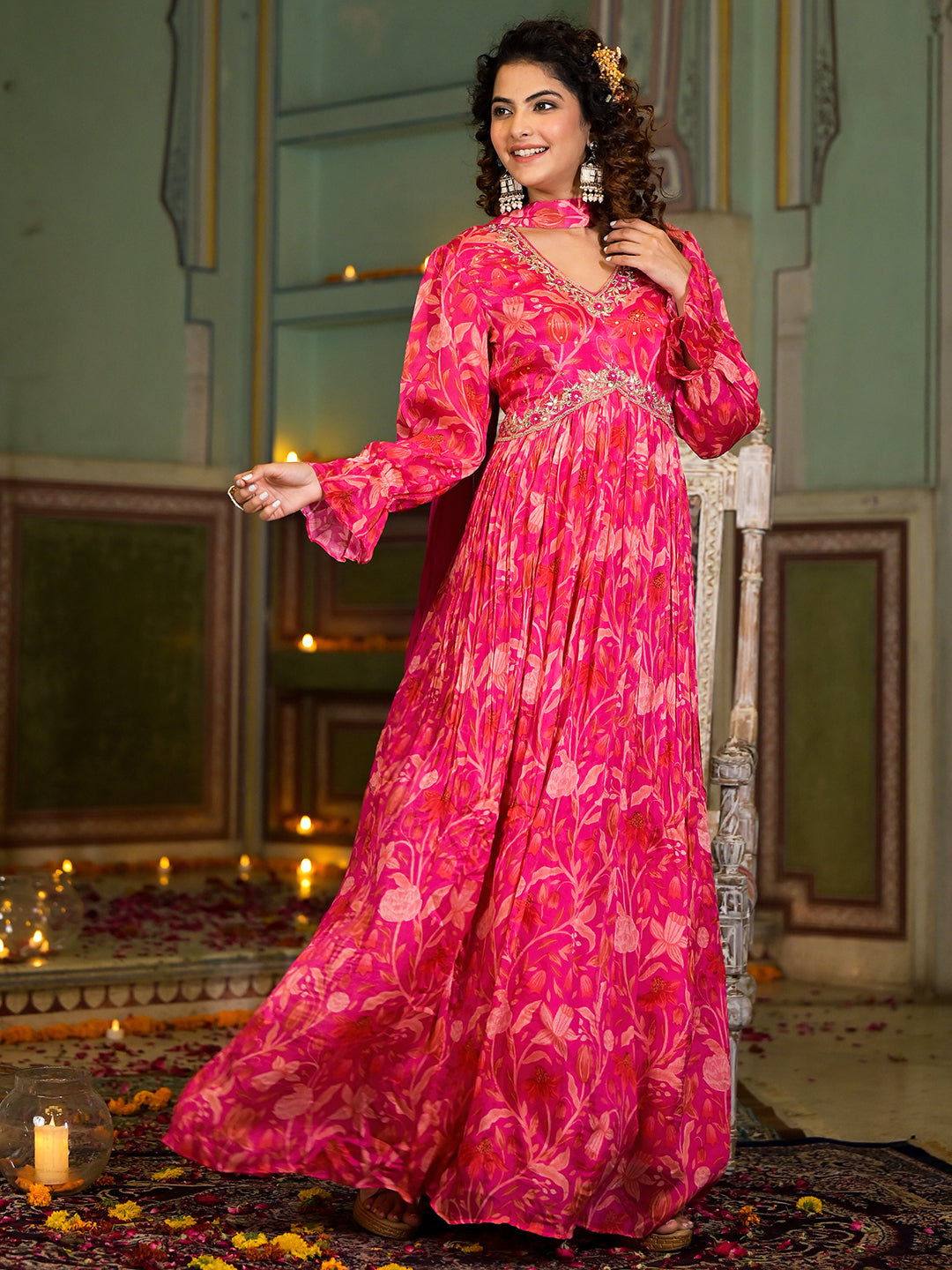 Women's Rani Pink Digital Print Zardozi Work Chinon fabric Long Party Dress with Organza Dupatta - Taantav