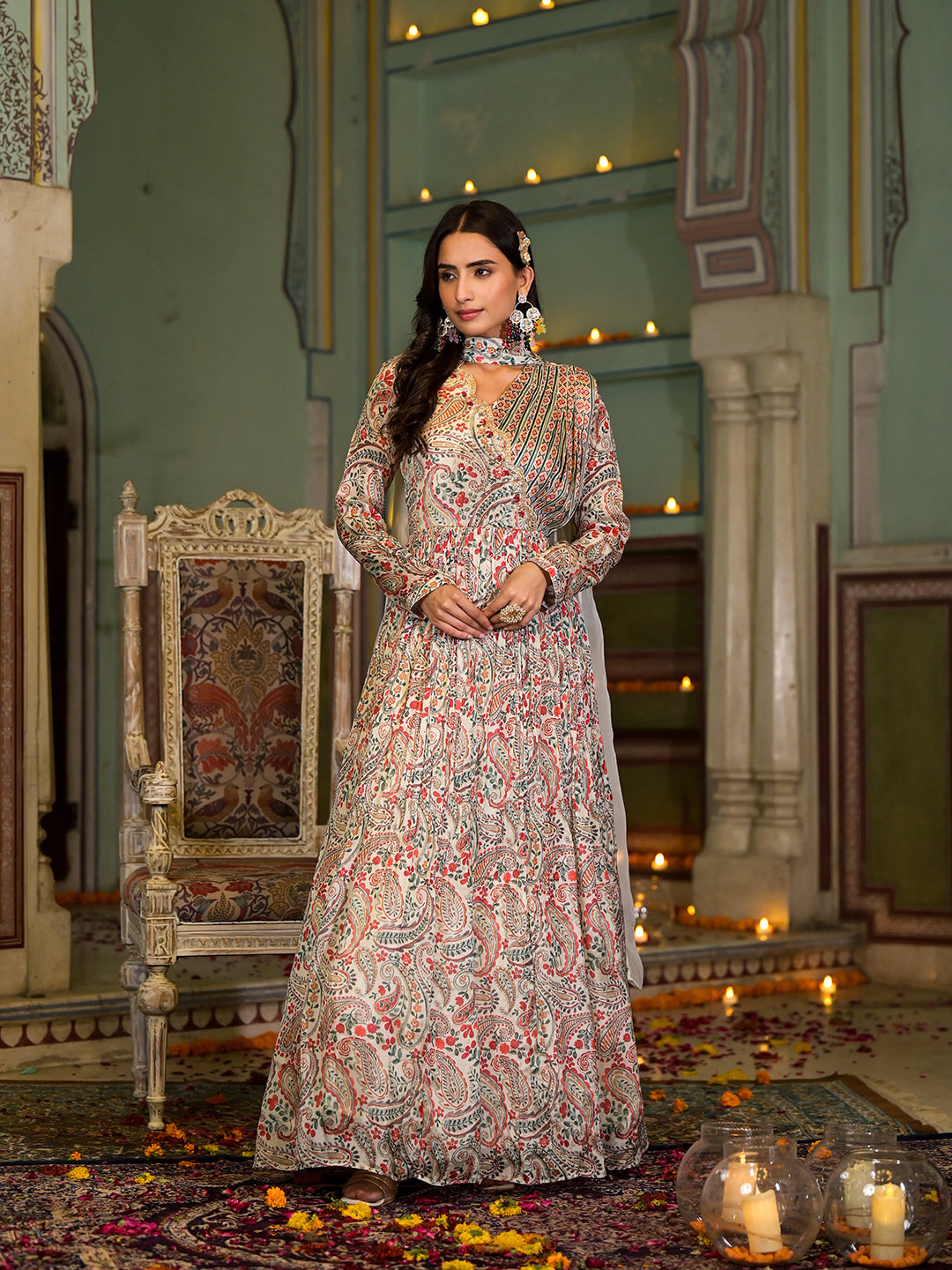 Women's Beige Digital Print Chinon Fabric Gota Work Party Dress with Organza Dupatta - Taantav